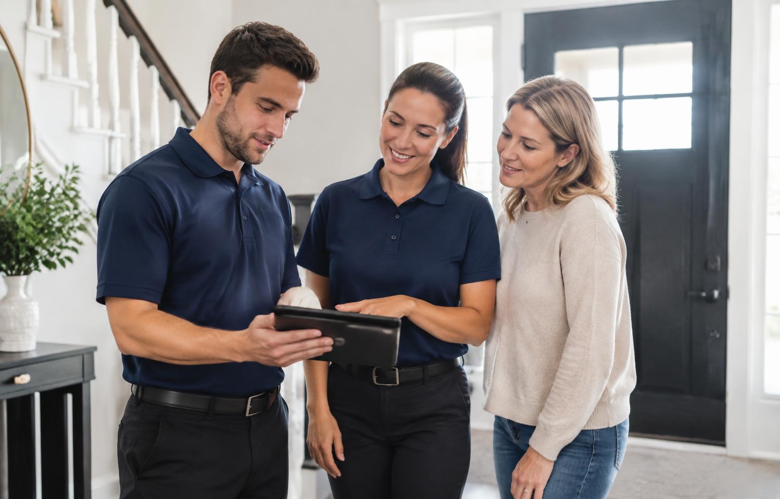 Restoration professionals reviewing a restoration plan with a homeowner in Lafayette, Louisiana