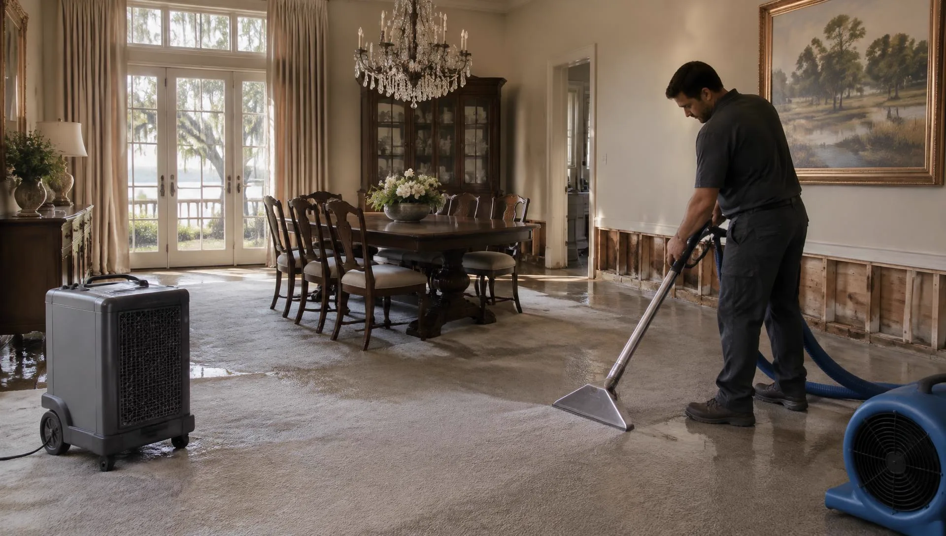 Water damage restoration service in Lafayette, Louisiana — technician extracting water from carpet with drying equipment in place